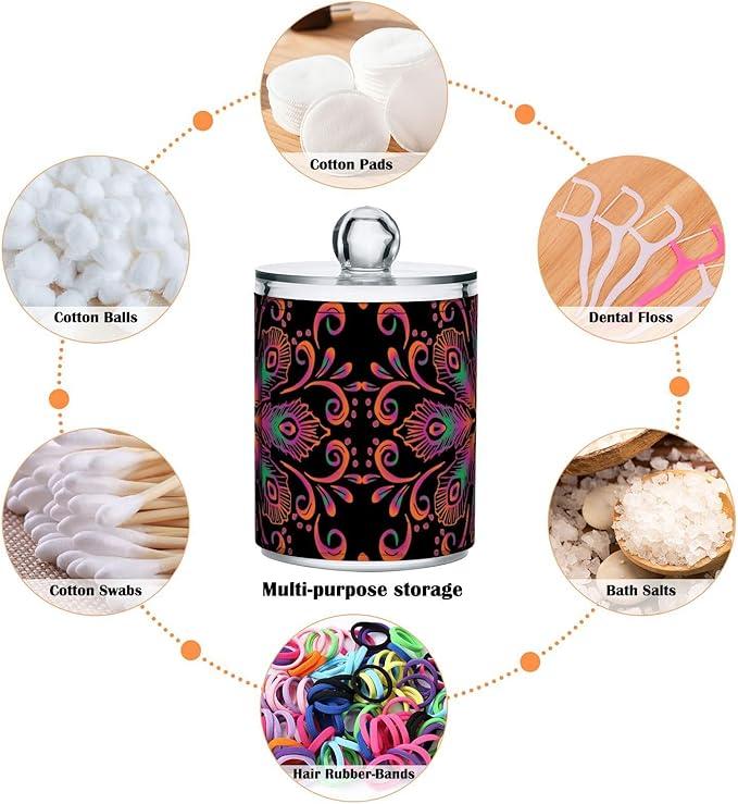 Tatenale Qtip Holder Bathroom Set Q tip Cotton Ball Swab Pad Dispenser Container Organizer Plastic Jars with Lids Storage 2Pack Ethnic Feathers Mandala Black - ModernBath