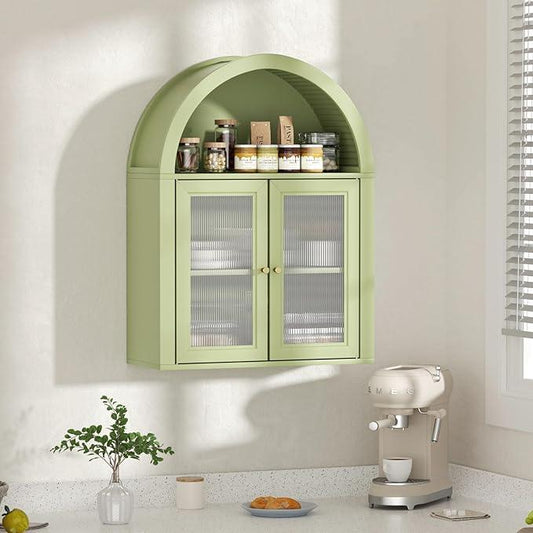 Arched Bathroom Cabinet, Wall Mounted Bathroom Cabinet with Tempered Glass Doors and Adjustable Shelf, for Kitchen, Living Room, Laundry Room, Restroom, Green - ModernBath