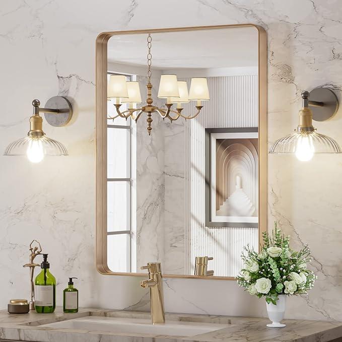 LOAAO 22”X30” Gold Bathroom Mirror, Rounded Rectangle Gold Frame Mirror, Brushed Gold Bathroom Vanity Mirror Wall-Mounted, Anti-Rust, Hangs Horizontally or Vertically - ModernBath