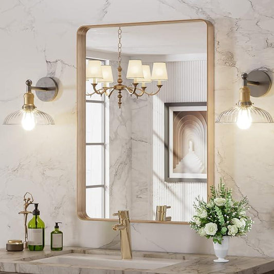 LOAAO 22”X30” Gold Bathroom Mirror, Rounded Rectangle Gold Frame Mirror, Brushed Gold Bathroom Vanity Mirror Wall-Mounted, Anti-Rust, Hangs Horizontally or Vertically - ModernBath