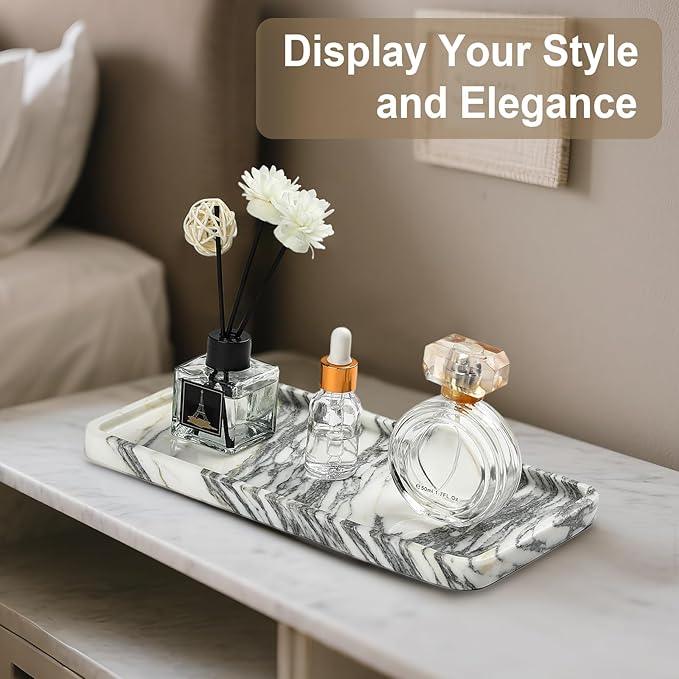 Natural Marble Vanity Tray - Moujings Genuine Marble Perfume Tray for Bathroom Decor, Stone Bathroom Vanity Organizer Tray for Kitchen Counter, Candles, Jewelry, Coffee, Makeup, Key - ModernBath
