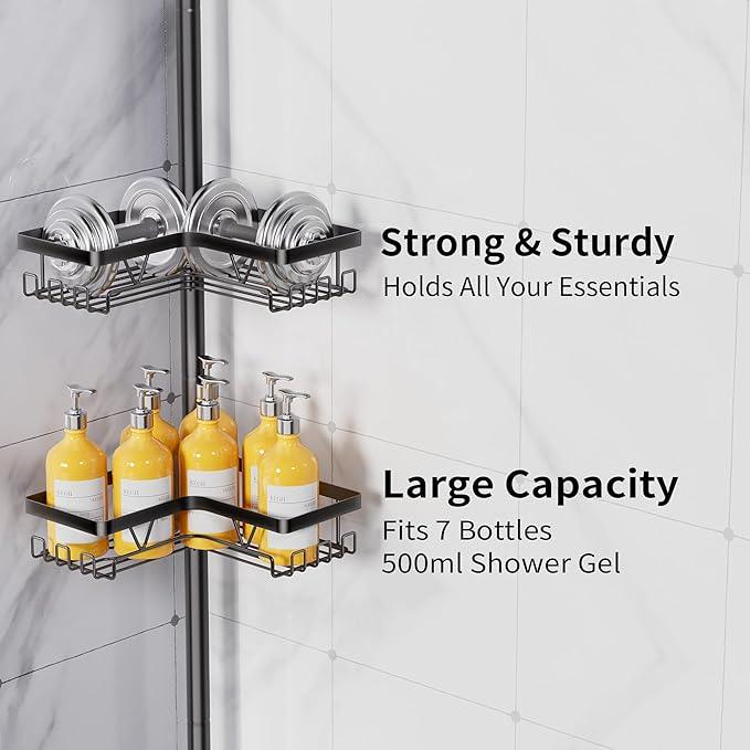 KEGII Corner Shower Caddy Tension Pole, Adjustable Bathroom Organizer Shelf with Toothbrush Holder, Floor to Ceiling Shower Organizer 25-114.2 Inch, Bathtub Storage Rack for Renters, Family - ModernBath