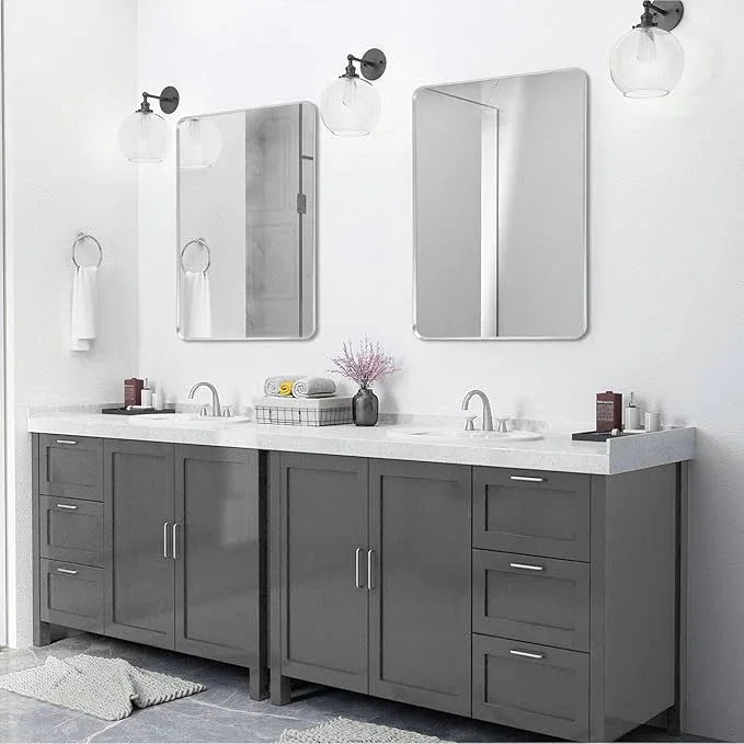 Minuover Silver Framed Bathroom Mirror, Brushed Nickel Large Rounded Corner Rectangle Wall Mirror, Tempered Glass, Shatter Proof, Anti-Rust, Hangs Horizontally or Vertically (28" x 36", Silver) - ModernBath