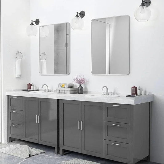 Minuover Silver Framed Bathroom Mirror, Brushed Nickel Large Rounded Corner Rectangle Wall Mirror, Tempered Glass, Shatter Proof, Anti-Rust, Hangs Horizontally or Vertically (28" x 36", Silver) - ModernBath