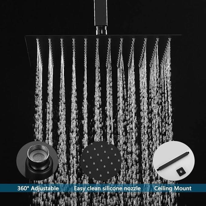 JingGang 16 Inch Ceiling Mount Matte Black Shower System Bathroom Luxury Rain Mixer Shower Combo Set Ceiling Rainfall Shower Head System (Contain Shower Faucet Rough-in Valve Body and Trim Kit) - ModernBath