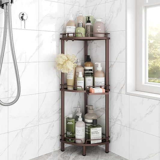 ELYKEN Corner Shower Caddy Standing, 3 Tier Rustproof Metal Shower Organizer with Soap Holder, Floor Shower Corner Shelf Rack Storage Stands with Adjustable Feet & 2 Hooks for Bathroom, Bronze - ModernBath