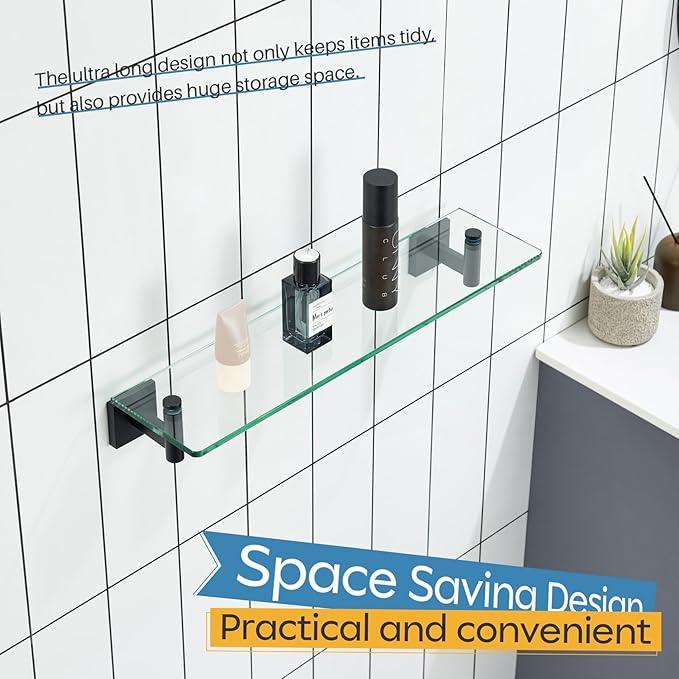 KOKOSIRI Bathroom Shelves Glass Floating Shelf 20-Inch for Bedroom, Living Room, Kitchen, Storage Hanging Rack Rustproof Wall Mounted Black B1105BK-L20 - ModernBath
