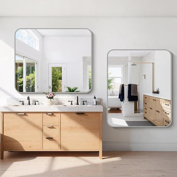 CIVENO 48x40 Inch Silver Bathroom Mirror, Large Rectangle Mirror, Metal Framed Rectangular Vanity Mirror, Rounded Corner Wall Mounted Mirror for Living Room Bedroom Entryway Horizontal or Vertical - ModernBath
