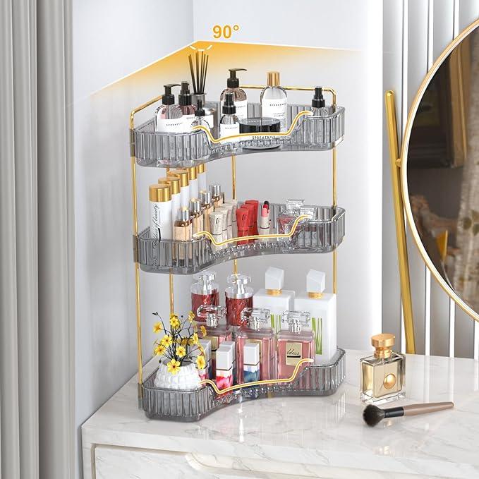 GTI 3-Tier Corner Bathroom Counter Organizer, Large Capacity Makeup Organizer Countertop, Perfume Cosmetics Skincare Vanity Organizers, Exquisite Countertop Storage for Women (Gray) - ModernBath