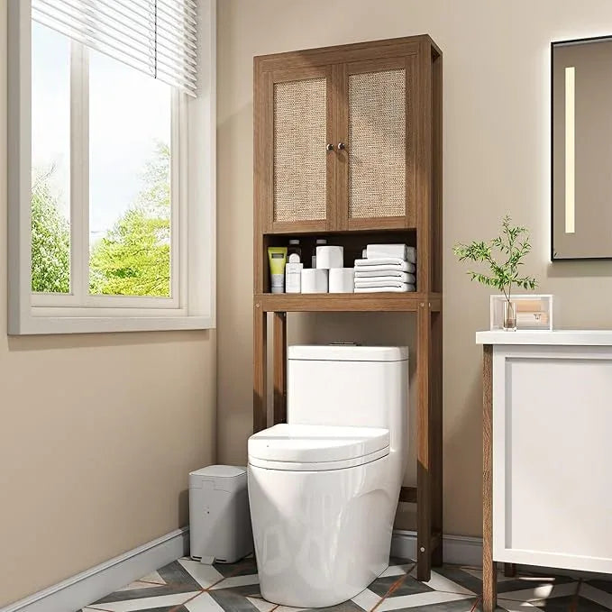 knoworld Rattan Over The Toilet Storage Cabinet, Above Toilet Bathroom Organizer with Adjustable Shelf, Behind Toilet Cabinet, Space Saver for Restroom, Bathroom, Laundry, Caramel Oak - ModernBath