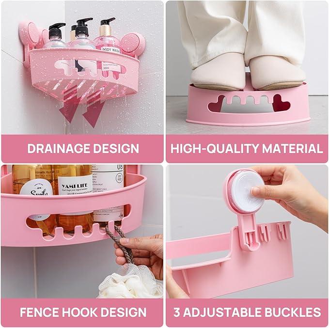 LEVERLOC Corner Shower Caddy Suction Cup, shower shelves suction cup, 2 Pack Basket Powerful Bathroom, Waterproof & Oil-proof Organizer for Kitchen, No-Drilling Removable (Pink) - ModernBath