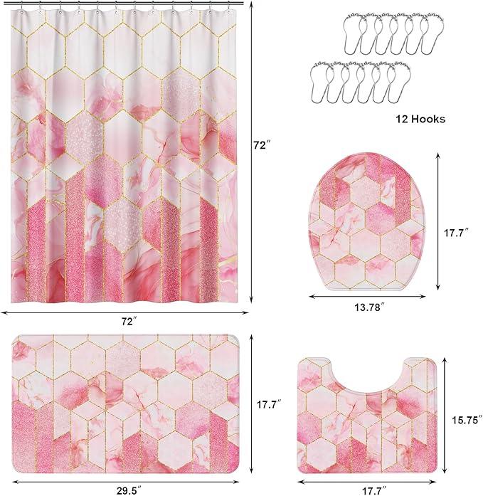 XLHOMO Bathroom Sets with Shower Curtain and Rugs - 4PC Pink Geometric Shower Curtain Set with 12 Hooks, Toilet Cover, U-Shaped Mat and Rugs Modern Abstract Bathroom Accessories for Bathroom - ModernBath