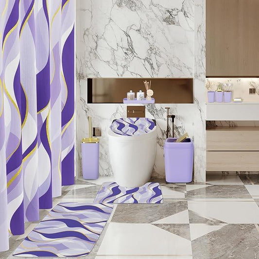 XLHOMO Bathroom Set - Purple and Gold Bathroom Accessories, Bathroom Sets with Shower Curtain and Rugs, Purple Shower Curtain Set with Bathroom Trash Can, Soap Dispenser, Soap Dish for Home Decor - ModernBath