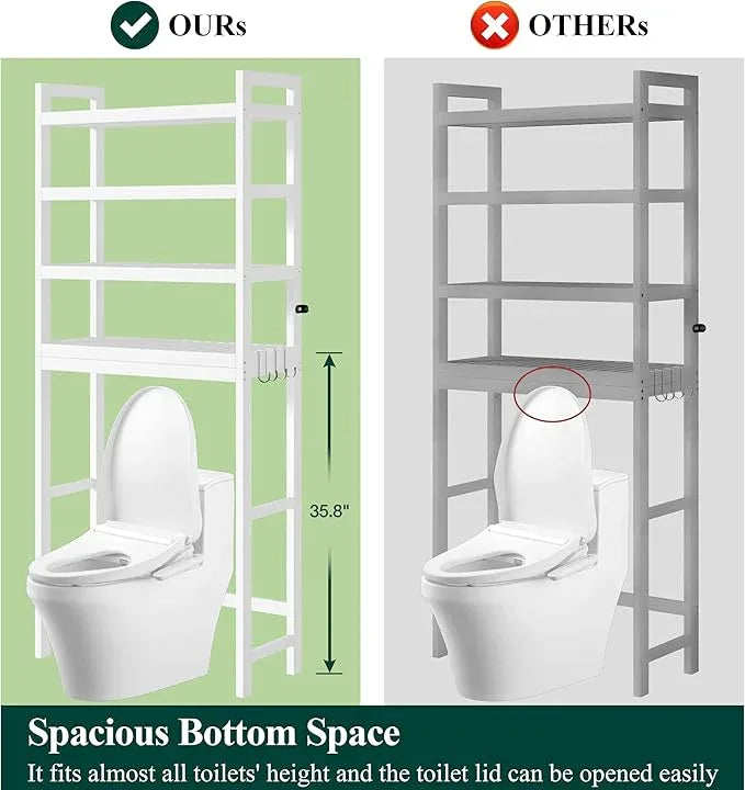 Smiry Over The Toilet Storage Cabinet, 4-Tier Bamboo Bathroom Organizers with Adjustable Shelf & 4 Hooks, Space Saving Shelf Rack for Bathrooms, Laundry Room, Balcony, White - ModernBath