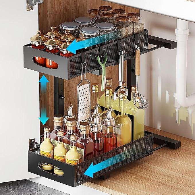 Under Sink Organizer, 2-Tier Pull Out Cabinet Organizer with Adjustable Height, Use in Kitchen Bathroom Cabinet and Countertop Storage, Black - ModernBath