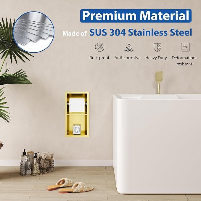 Recessed Toilet Paper Holder, 304 Stainless Steel Bathroom Toilet Paper Holder with Storage, in Wall Tissue Toilet Roll Holder, Brushed Golden - ModernBath