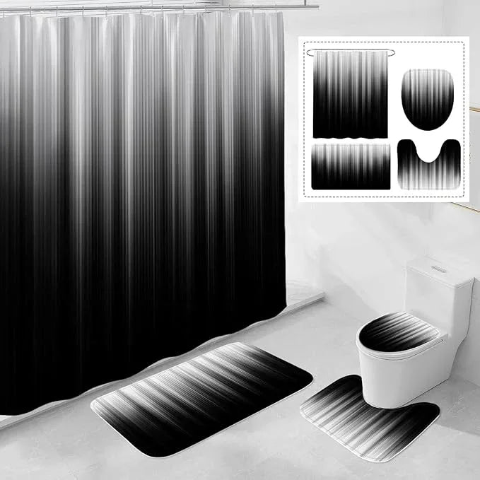 Litabel 4 Pcs Grey and Black Gradient Shower Curtain Set with Rugs and Toilet Lid Cover, Modern Simple Waterproof Fabric Bathroom Set, Ombre Stripe Gothic Abstract Bathroom Decor Set Accessories - ModernBath