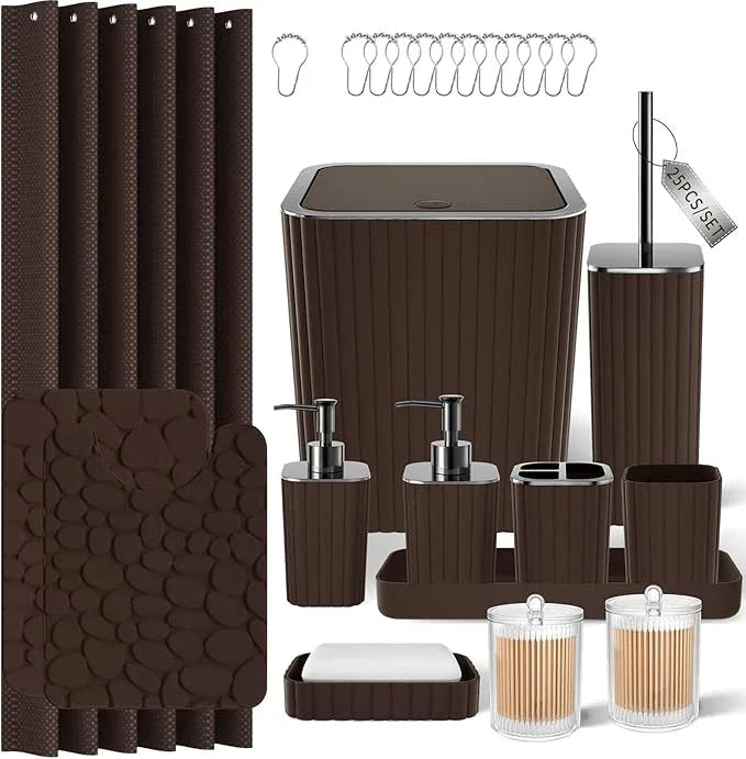 XLHOMO Bathroom Accessories Set - 25PC Bathroom Sets with Shower Curtain and Rugs, Brown Bathroom Accessories, Bathroom Accessory Set, Brown Shower Curtain Set, Trash Can & Soap Dispenser - ModernBath