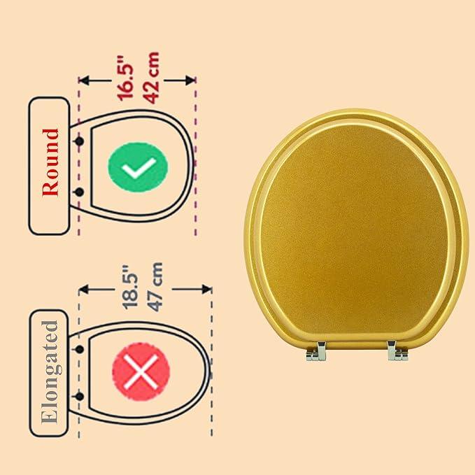 BLOFDE Round Toilet Seat Wood Toilet Seat Prevent Shifting with Zinc Alloy Hinges American Standard Size Toilet Seat Easy to Install also Easy to Clean(Round,Sparkling Classical Gold) - ModernBath