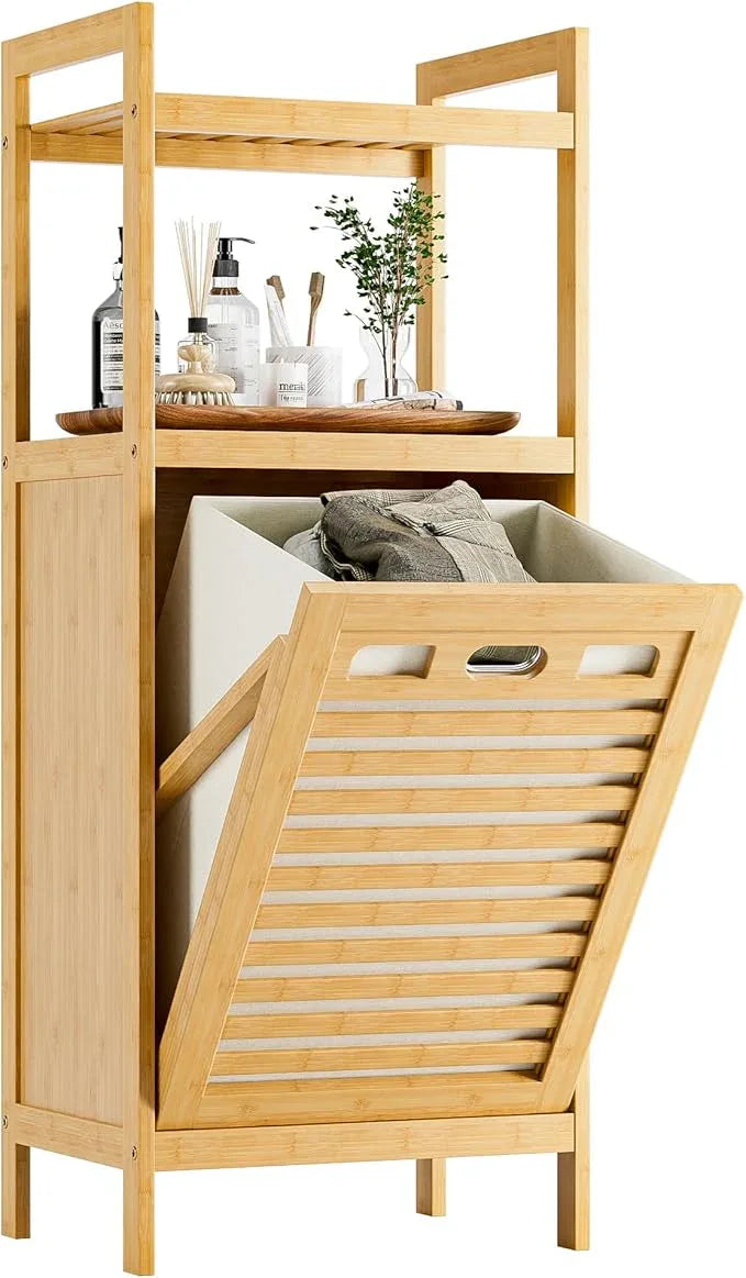 HITNET Tilt Out Laundry Hamper, Bamboo Laundry Basket with Foldable Bag and 2 Open Shelves, Freestanding Clothes Storage Organizer for Bedroom, Bathroom, Living Room, Natural - ModernBath