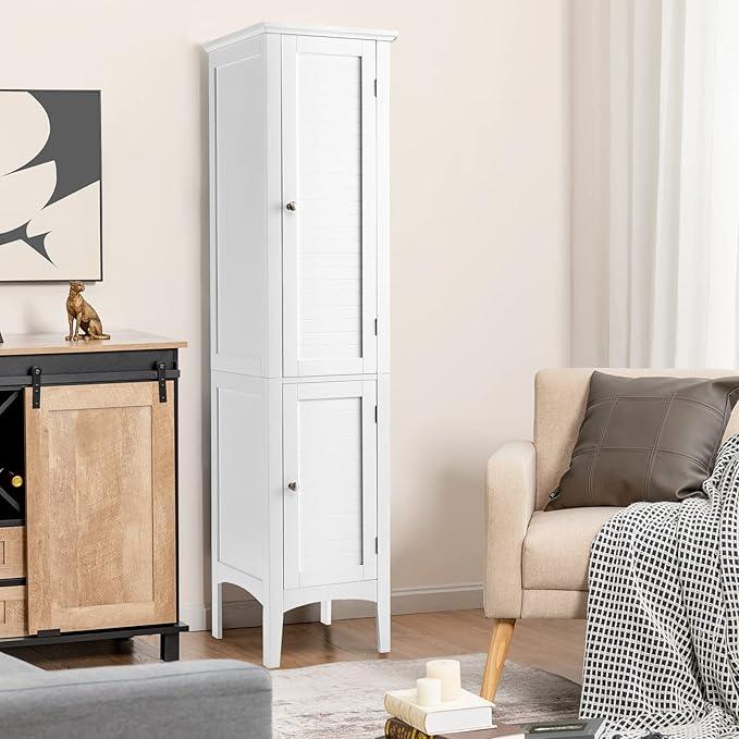 Giantex Storage Cabinet Bathroom High Cabinet with 5 Tier Storage Shelves, Freestanding Slim Cabinet, Tall Organizer for Kitchen, Living Room, Linen Tower Narrow Floor Cabinet (White) - ModernBath