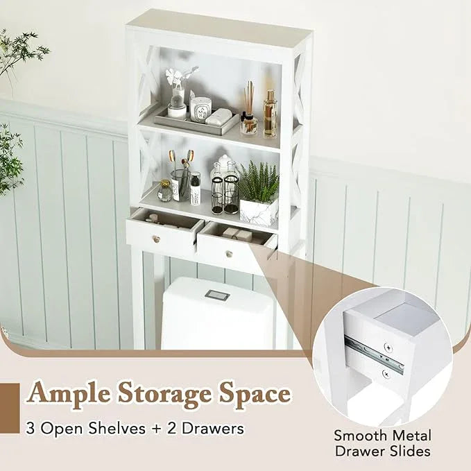 Giantex Over The Toilet Storage Cabinet with 2 Drawers, Over Toilet Bathroom Organizer with 2 Open Shelves, Freestanding Space Saver Above Toilet for Restroom, White - ModernBath