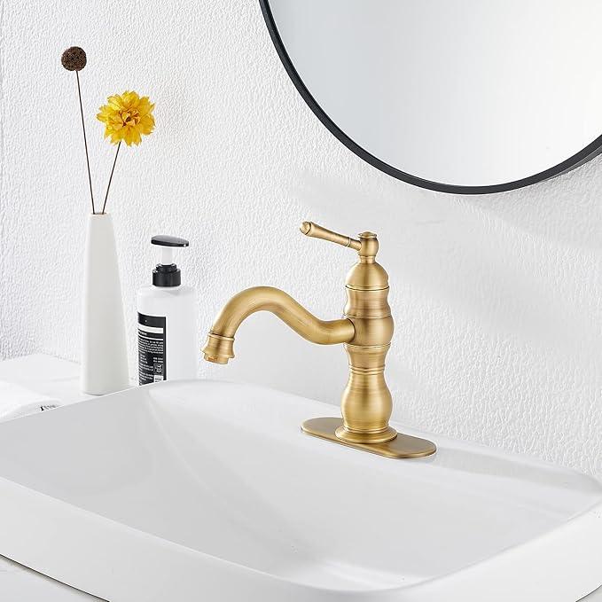 Antique Brass Bathroom Faucet GGStudy 360° Swivel Bathroom Vanity Faucet Single Handle One Hole Basin Matching Pop Up Drain with Overflow - ModernBath