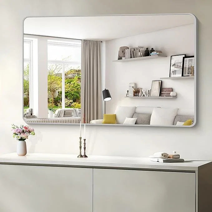 CIVENO 55x36 Inch Silver Bathroom Mirror, Large Rectangular Vanity Mirror, Metal Framed Rectangle Mirror, Rounded Corner Wall Mounted Mirrors for Living Room Bedroom Entryway Horizontal or Vertical - ModernBath