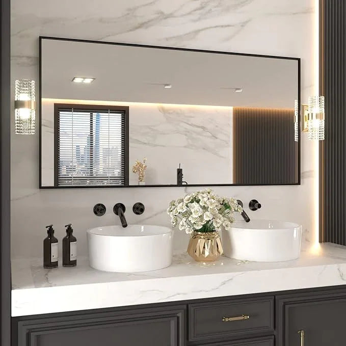 LOAAO 72"X36" Black Rectangle Bathroom Mirror Wall, Matte Black Aluminum Alloy Frame, Tempered Glass, Hangs Vertically or Horizontally, Easy to Install - ModernBath