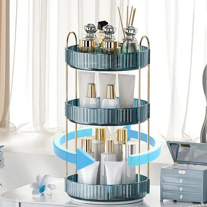 INVSSENE 360° Rotating Makeup Organizer, Bathroom Organizers and Storage Holder Rack, Large Capacity Vanity Shelf Countertop, Fits Cosmetics, Perfume, Skin Care(Blue, 3 Tiers) - ModernBath
