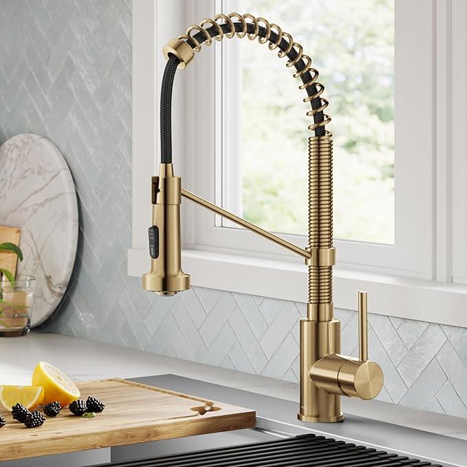 KRAUS Bolden Commercial Style 2-Function Single Handle Pull Down Kitchen Faucet in Spot-Free Brushed Brass, KPF-1610BB - ModernBath