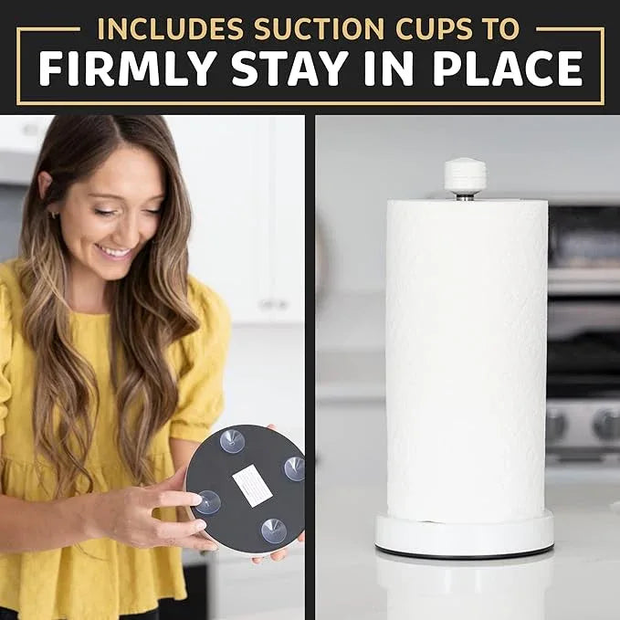 Dear Household Stainless Steel Paper Towel Holder Easy One-Handed Operation - This Sturdy Weighted Paper Towel Dispenser Countertop Model Has Suction Cups and Holds All Paper Towel Rolls - White - ModernBath
