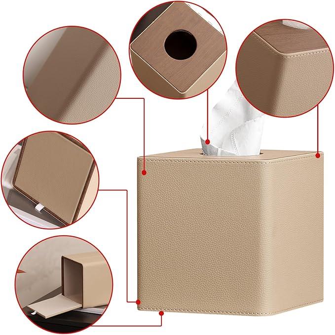 WUUAHOME Tissue Box Cover Square, Modern Leather Tissue Box Holder, Decorative Facial Tissue Paper Dispenser for Home Decor, Living Room, Hotel, Office, Restaurant, Cafe (Light Brown) - ModernBath