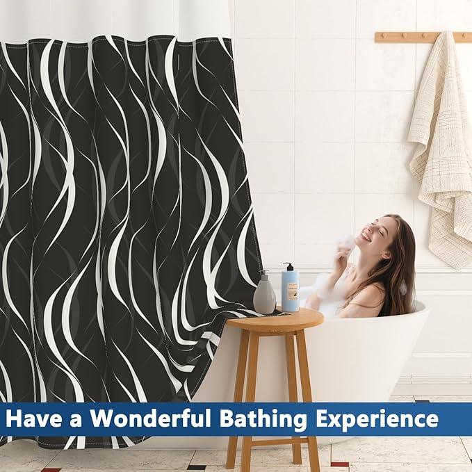 No Hook Black and White Striped Shower Curtain with Liner, Abstract Modern Minimalist Geometric Decor Bathroom Curtains, Hotel Style Waterproof Fabric Shower Curtain with Top Sheer Window, 71x74 Inch - ModernBath