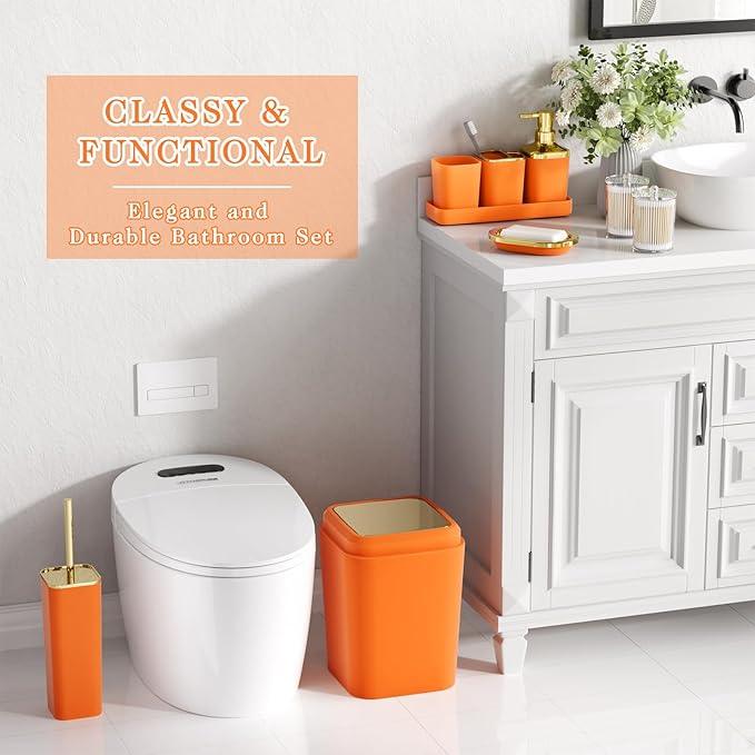 XLHOMO Orange Bathroom Accessories Set, Orange and Gold Bathroom Accessories with Trash Can, Soap Dispenser, Soap Dish, Toothbrush Holder and Q-tip Holders - ModernBath