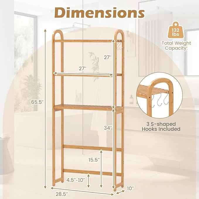 Tangkula Bamboo Over The Toilet Storage, 3-Tier Over Toilet Organizer Rack with 5-Position Adjustable Shelves, 3 Hooks, Adjustable Bottom Bar, Laundry Room Shelf, 28.5" Wide Bathroom Space Saver - ModernBath