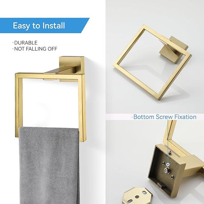LANC Hand Towel Rings for Bathroom Wall Mount Brushed Gold Square Hand Towel Holder for Bath Kitchen Lavatory SUS304 Stainless Steel Contemporary Style Shower Towel Towel Racks Hanger, A8896BG - ModernBath