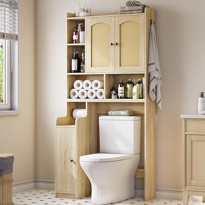 Itaar Over The Toilet Storage Cabinet, Farmhouse Rattan Bathroom Cabinet, Over Toilet Bathroom Organizer with Rattan Barn Doors & Toilet Paper Holder Stand, for Restroom, Laundry - ModernBath