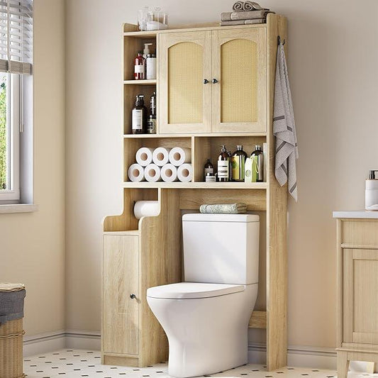 Itaar Over The Toilet Storage Cabinet, Farmhouse Rattan Bathroom Cabinet, Over Toilet Bathroom Organizer with Rattan Barn Doors & Toilet Paper Holder Stand, for Restroom, Laundry - ModernBath