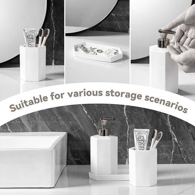 Silver Soap Dispenser Pump Ceramic Bathroom Accessories Complete with Soap Dispenser, Toothbrush Holder, Bathroom Tumbler, and Vanity Tray - Modern Bathroom Decor,3PCS - ModernBath