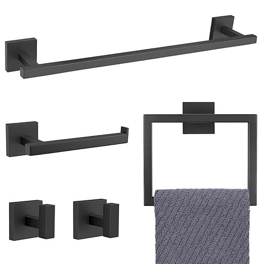 YACVCL Black Towel Bar Set 5-Piece Bathroom Hardware Accessories Set,SUS304 Stainless Steel Towel Rack Set,23.6 Inch Towel Bar,Toilet Paper Holder,Towel Ring and Towel Hooks,Wall Mounted - ModernBath