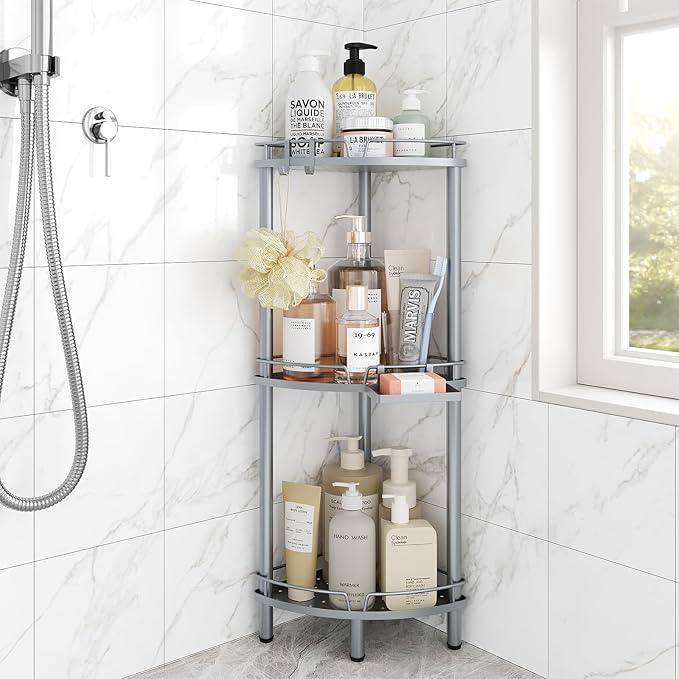 ELYKEN Corner Shower Caddy Standing, 3 Tier Rustproof Metal Shower Organizer with Soap Holder, Floor Shower Corner Shelf Rack Storage Stands with Adjustable Feet & 2 Hooks for Bathroom, Silver - ModernBath