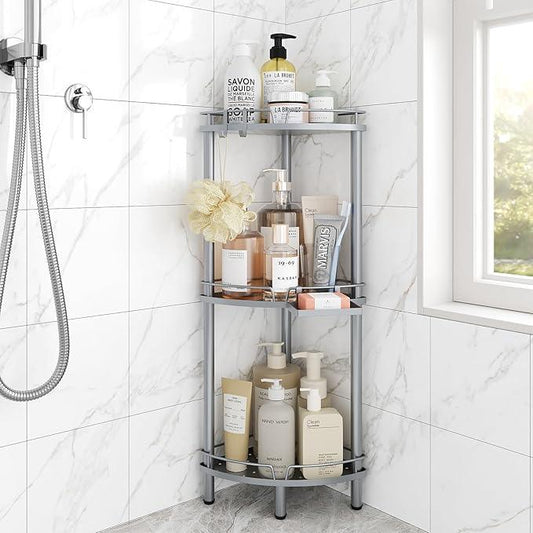 ELYKEN Corner Shower Caddy Standing, 3 Tier Rustproof Metal Shower Organizer with Soap Holder, Floor Shower Corner Shelf Rack Storage Stands with Adjustable Feet & 2 Hooks for Bathroom, Silver - ModernBath