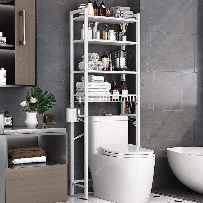Over-The-Toilet Storage Rack, 4-Tier Bathroom Organizer Shelf Over Toilet with Adjustable Shelf and Basket, Freestanding Space Saver Bathroom Shelves Above Toilet for Room (Pure White) - ModernBath