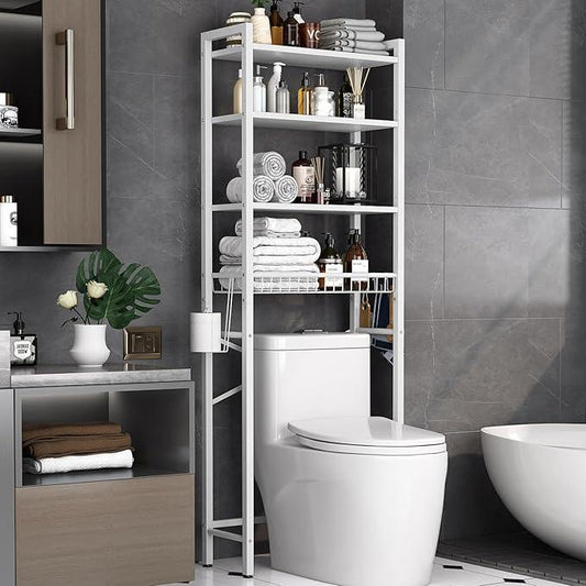 Over-The-Toilet Storage Rack, 4-Tier Bathroom Organizer Shelf Over Toilet with Adjustable Shelf and Basket, Freestanding Space Saver Bathroom Shelves Above Toilet for Room (Pure White) - ModernBath