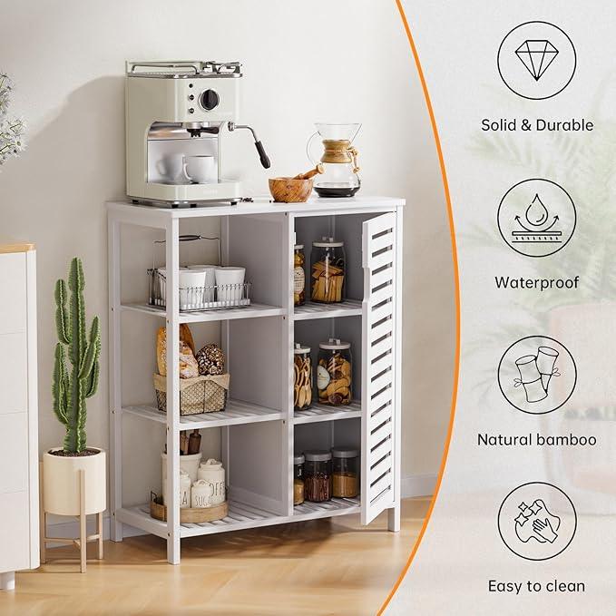 HITNET Bathroom Cabinet Freestanding, Bamboo Floor Cabinet, Side Storage Organizer with Door and 3 Shelves, Living Room Kitchen Cupboard, White - ModernBath