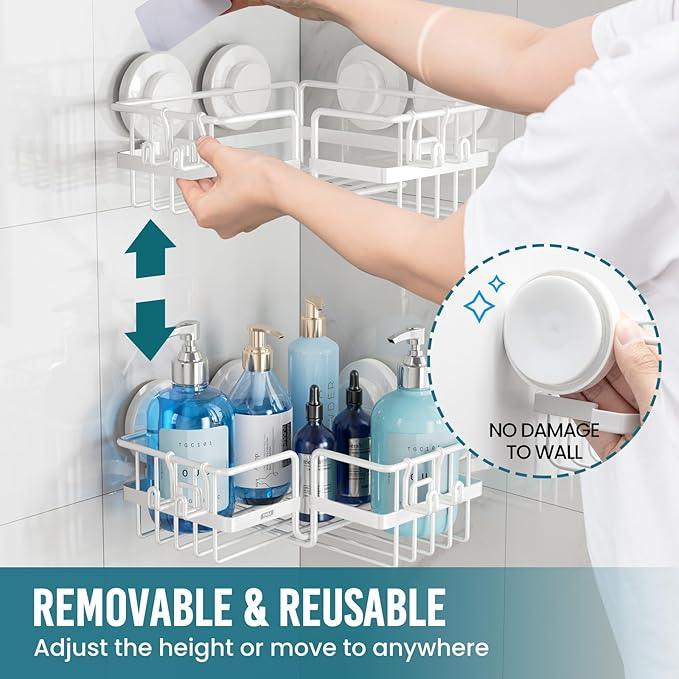 TAILI Corner-adaptive Suction Cup Shower Caddy 2 Pack, Stainless Steel Rustproof Corner Shower Shelves, Drill-Free Wall Mounted Baskets, Large Capacity Removable Suction Cup Bathroom Organizer, White - ModernBath