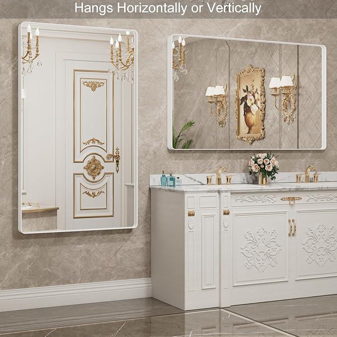 LOAAO 50x30 Inch White Metal Framed Bathroom Mirror for Wall, White Bathroom Vanity Mirror Farmhouse, Large Rounded Rectangle Mirror, Anti-Rust, Tempered Glass, Hangs Horizontally or Vertically - ModernBath
