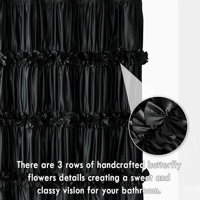 Homechoice Decor Black Ruffle Shower Curtain, Vintage Handcrafted Bow Tie Bath Curtain for Master Bathroom, Ruched Satin Bathroom Curtain with 12 Buttonholes, 72" W x 84" H (LQ-10) - ModernBath