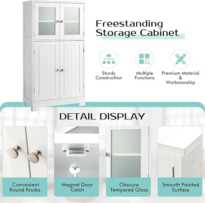 GOFLAME Bathroom Storage Cabinet, Freestanding Storage Cabinet with 4 Doors, Wooden Kitchen Cupboard with Adjustable Shelf, Buffet Sideboard, Multipurpose Home Organizer for Bathroom, Kitchen, White - ModernBath